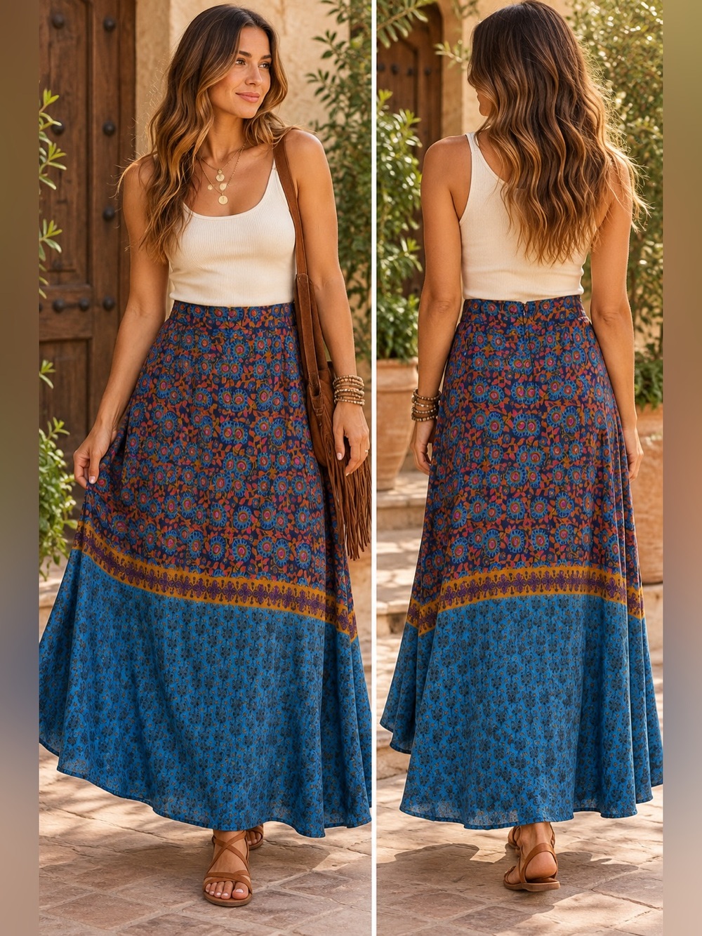 Natural Life Amy Maxi Skirt Teal Boho Floral large Bohemian Art to wear eclectic - Picture 3 of 12